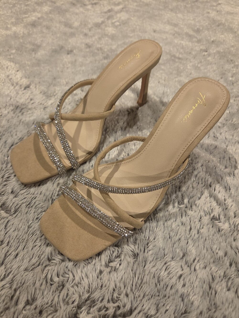 Elegant Beige Rhinestone Strappy Heeled Sandals By Arromic Sz 9